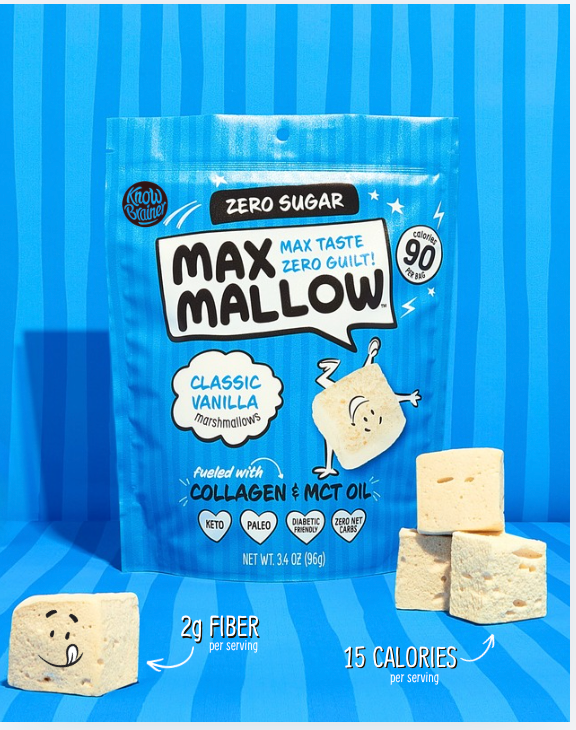 Classic Vanilla Sugar-Free Marshmallow pack with nutritional info and three marshmallows on a blue striped background.